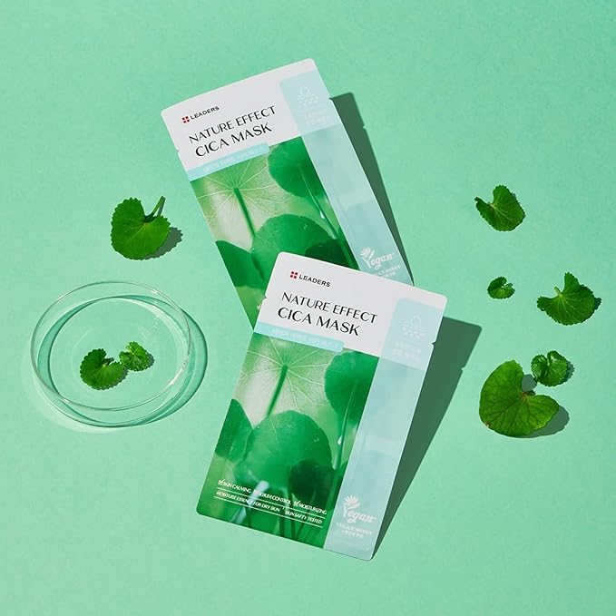 LEADERS Nature Effect Cica Mask β Hydrating & Soothing Face Mask with Cica & Tea Tree Extracts for Healthy Skin, Skin Calming & Moisturizing, Vegan & Plant-Derived, Sebum Control - 10 Sheets