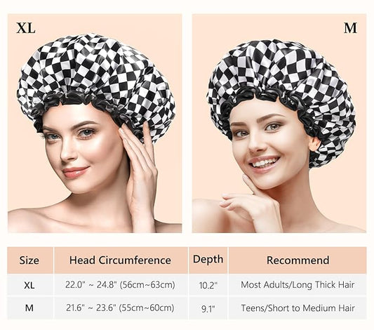 mikimini Shower Cap for Women and Girls, Elegant Chessboard Design,Double-layer Waterproof, Reusable, Washable, No Odor, Medium