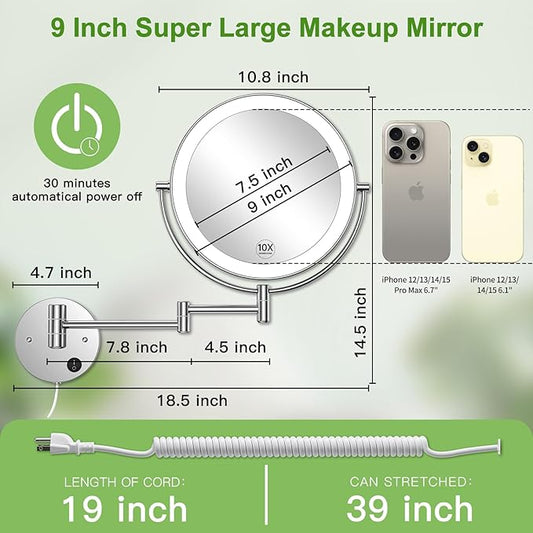 Anfauny 9 Inch Wall Mounted Lighted Makeup Mirror, Double Sided 1X/10X Magnifying LED Vanity Mirror with 3 Color Lights & Stepless Dimming, 360Β°Swivel Extendable Bathroom Cosmetic Mirror-Chrome