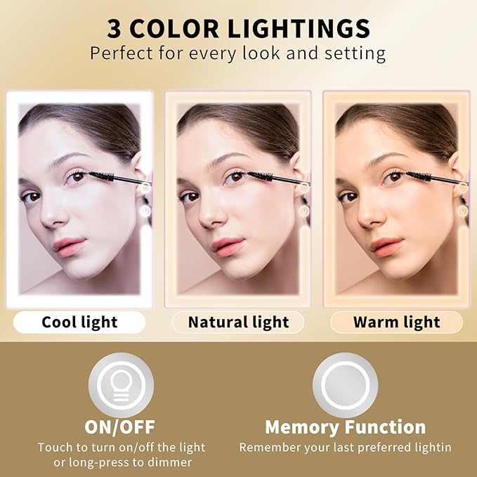 OLIBUY Travel Makeup Mirror with 10X Magnifying Mirror, Height and Angle Adjustable Folding Lighted Makeup Vanity Mirror, Rechargeable 3 Color Illumination LED Mirror, Travel Essential