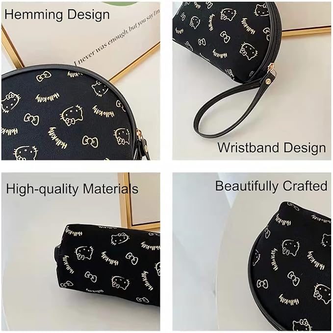 AmBealla Small Cosmetic Bag Portable Storage Bag for Women,Cute Compact Travel Makeup Bag for Keys and Phone, Black Hot Stamping Pattern Cotton Organizer with Wristband,Portable Mini Bag for Girls