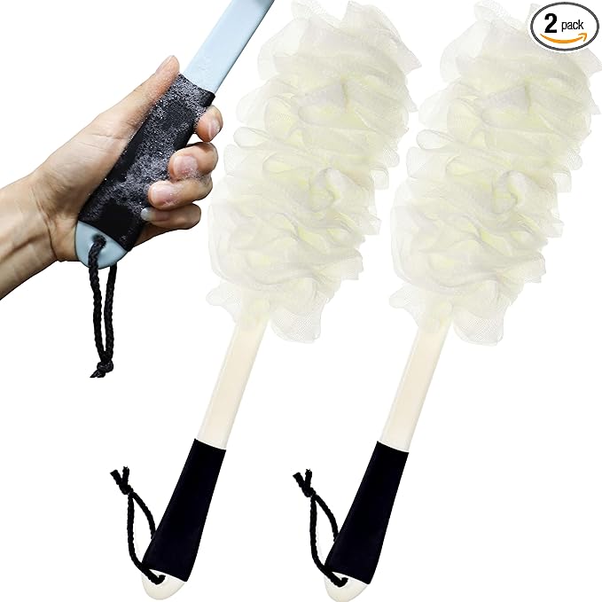 2Pack Back Scrubber for Shower, Loofah with Handle, Back Loofah Non-Slip Handle, Bath Body Brush, Scrub Cleaning Brush for Shower, Soft Mesh Sponge On a Stick for Men Women Elderly (Two White)