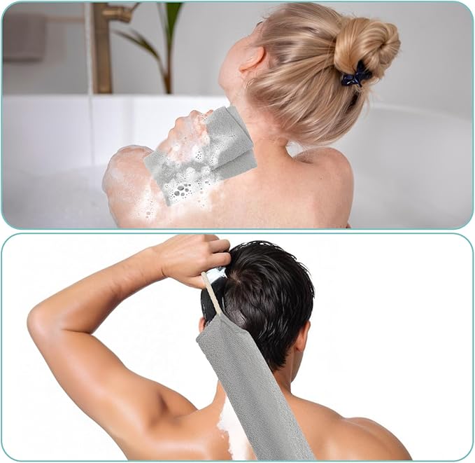Stretchable Back Scrubber with Handles, 2PCS Nylon Exfoliating Shower Body Scrub Towel Body Scrub Towel Extended Length Back Washers Scrubbers for Body Cleans Skin Massages(White + Gray Nylon)
