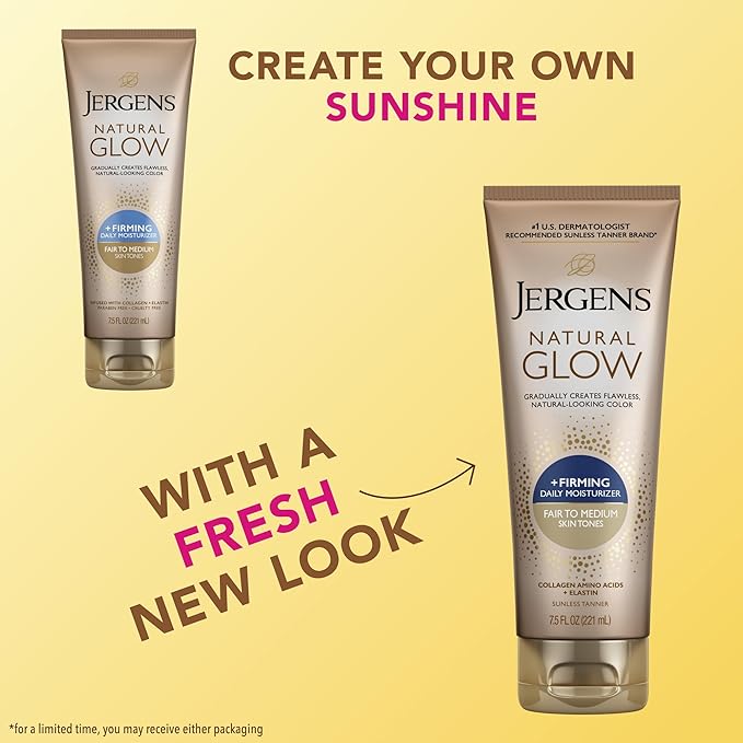 Jergens Natural Glow +Firming Self Tanner Body Lotion, Fair to Medium Skin Tone, Sunless Tanning Moisturizer with Collagen and Elastin. Helps to Visibly Reduce Cellulite, 7.5 Fl Oz (Pack of 2)