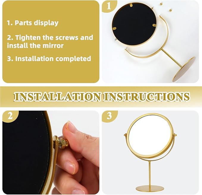 Gold Vanity Desk Table Round Makeup Mirror, 360 Degree Adjustable Rotation Metal Framed Standing Mirrors, Home Decoration for Living Room, Bedroom, Tabletop, Bathroom, 6.3 Inches