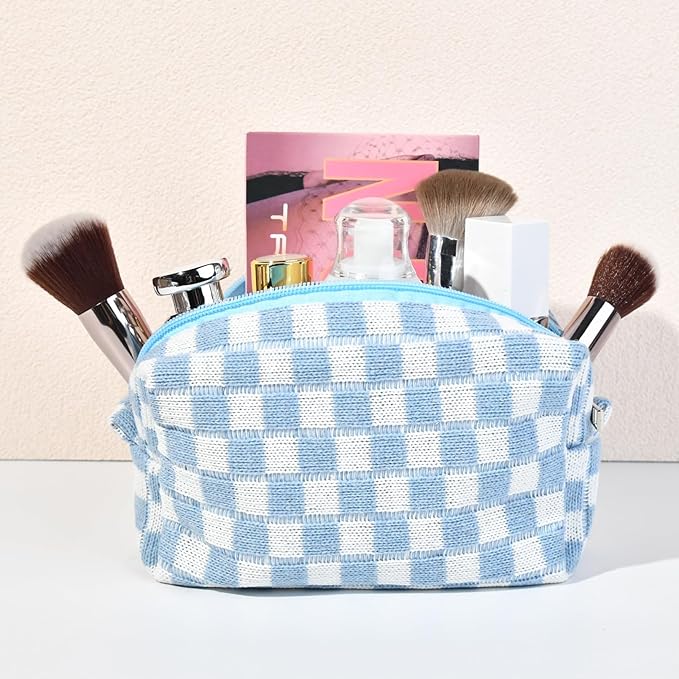 6 Pcs Preppy Makeup Bag Bulk Checkered Cosmetic Bag Light blue Makeup Pouch Personalize Travel Toiletry Bag Organizer Cute DIY Makeup Brushes Storage Bag for Women
