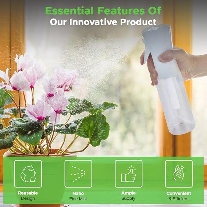 VIGOR PATH Continuous Mist Spray Bottle β Fine Mist Sprayer for Hair, Plants, Cleaning & Beauty β Refillable & Reusable Water Spray Bottle (Clear, 10oz)