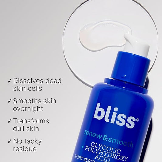 Bliss Renew & Smooth Glycolic Acid Night Serum | 8.5% AHA + PHA Complex for Texture, Glow & Radiance | Gentle Daily Exfoliating Treatment for Smoother, Brighter Skin | Vegan & Cruelty-Free | 1 fl oz