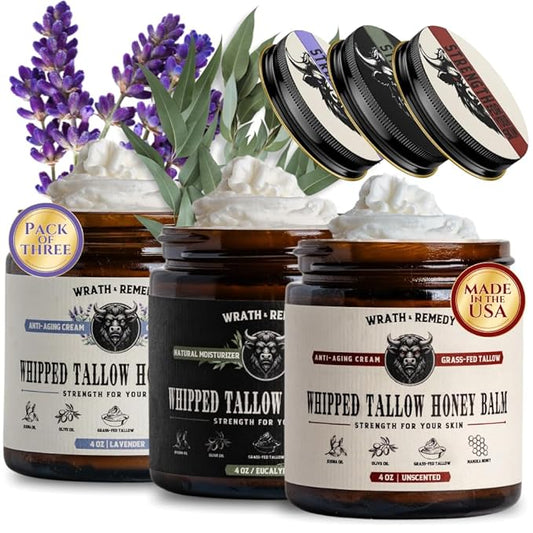 Wrath & Remedy Handmade Whipped Organic Beef Tallow for Skin - 4 OZ (3-Pack) β Grass Fed Beef Tallow Moisturizer and Honey Balm for Silky, Sensitive-Skin, Eczema, Rosacea - Free of Harsh Chemicals