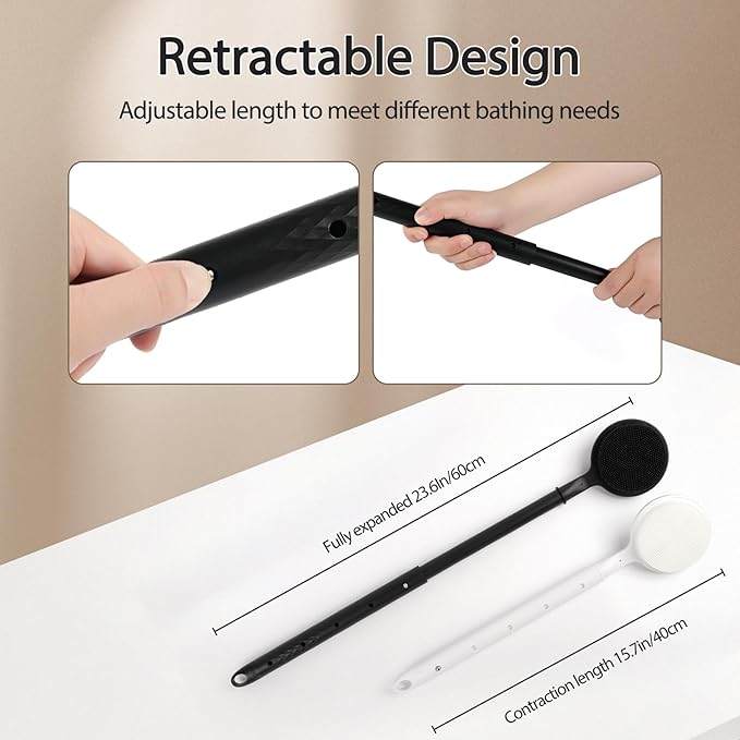 Silicone Back Scrubber for Shower - Adjustable Extendable (40-60 cm / 15.7"-23.6") Long Handle Body Brush with Foam-Generating Dual-Sided Heads for Men & Relaxing Massage Exfoliation