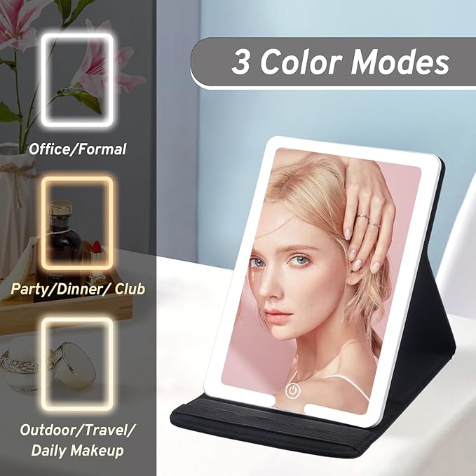 Travel Makeup Mirror with Lights, PU Leather Cover Vanity Mirror with 3 Light Settings, Rechargeable 1500mAh Lighted Makeup Mirror Portable Ultra-Slim LED Cosmetic Mirror of 8x5.5inch