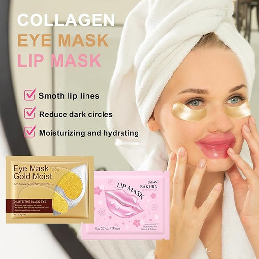 30 Pairs Lip & Eye Masks Set - 24K Gold Crystal Collagen Eye Pads, Moisturizing Lip Pads, Anti Wrinkle Patches for lip, Eye Patches for Puffy Eyes and Dark Circles, Spa Party Supplies, Self Care Items