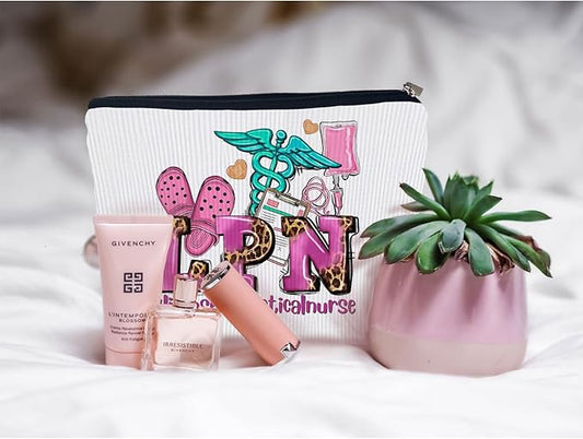 Ayxvt LPN Licensed Practical Nurse Corduroy Cosmetic Bag,Retro Gorgeous Pink Leopard Clipart Decorative Makeup Bag Zipper Pouch Toiletry,Nurse's Day Nurse Graduation Gifts for Women GirlsοΌCorduroyοΌ