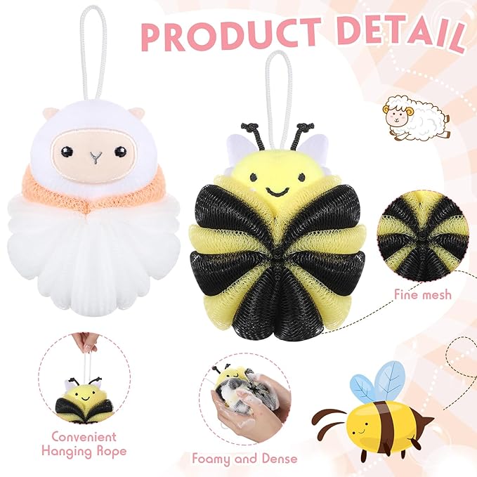 Nuenen 2 Pcs Bath Loofahs Kids Toddler Cute Cartoon Bath Sponges Loofah Pouf Body Scrubber Mesh Sponges for Children Shower Washing Exfoliating (Sheep, Bee)