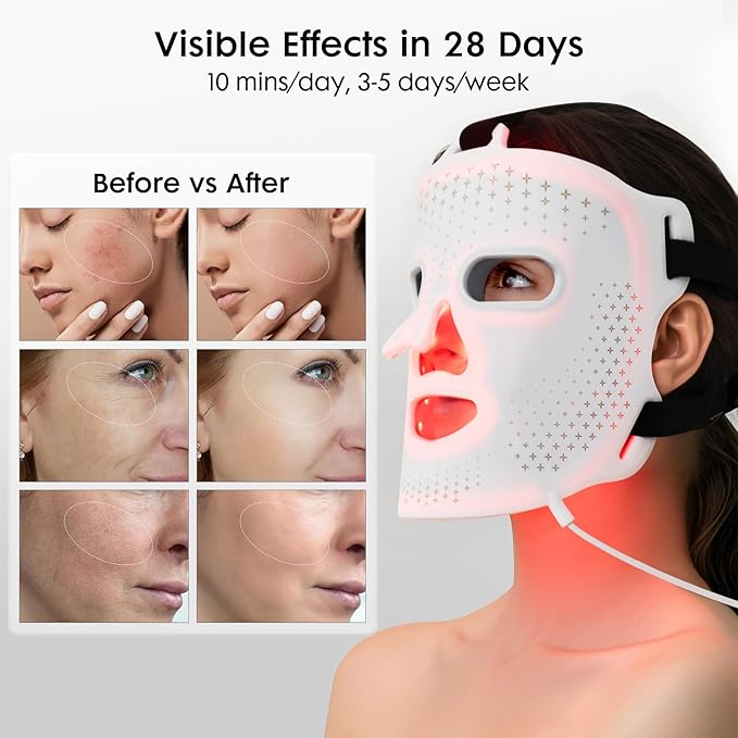 LED Face Mask Light Therapy, 4 Modes Red Light Therapy for Face with Remote and Timer, 2000mAh Rechargeable, Blue, 850NM Infrared & Red Light Therapy Mask for Home Use, 288 LEDs, White
