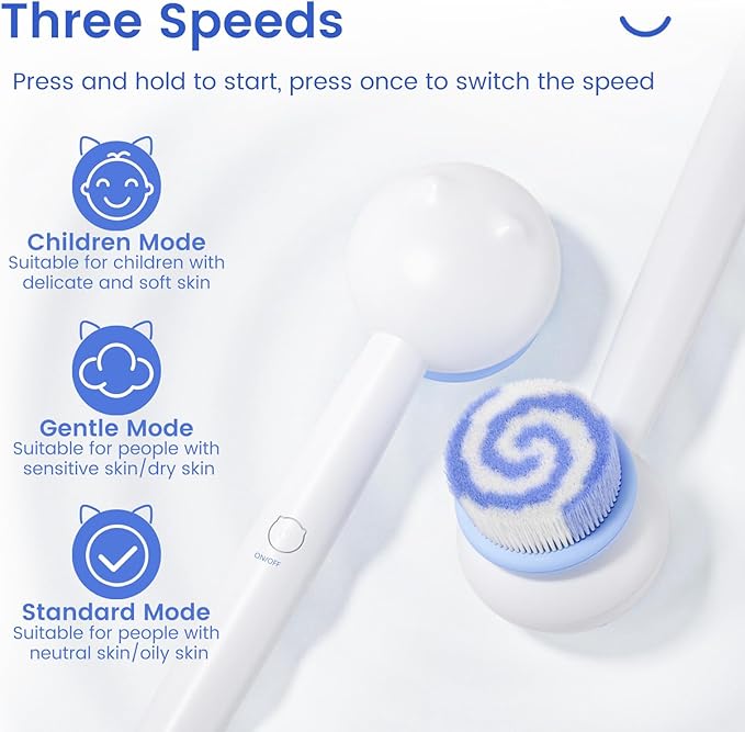 Electric Shower Brush for Body Back Scrubber, Automatic Body Scrubber, Rechargeable Bath Brush with 2 Heads, 3 Speeds & Waterproof, for Cleansing, Massaging, Exfoliating, Coconut Milk White