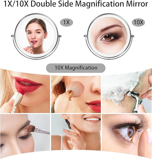 8βLarge Makeup Mirror with Lights,1X/10X Rechargeable True Height Adjustable HD Magnifying Mirror with 3 Color Dimmable Lights,360Β° Rotation Double Sided Vanity Makeup Mirror,Gift for Women (Silver)