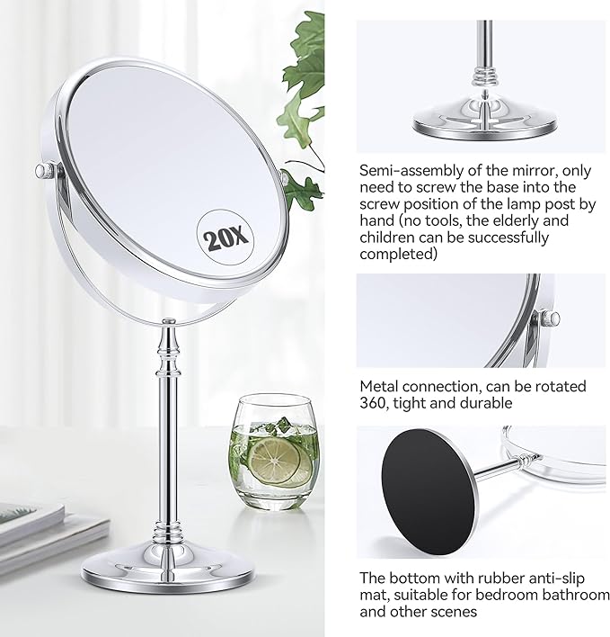 MIYADIVA Magnifying Mirror 20x, Double Sided 1X & 20X Magnifying Mirror on Stand, Large Tabletop Magnified Vanity Mirror, Magnified Mirrors with 360Β°Rotation for Bathroom or Bedroom,8 Inches