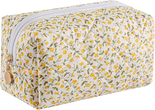 Gleyemor Small Quilted Makeup Bag for Women, Cute Floral Bow Cosmetic Bag, Emergency Bag Travel Toiletry Cotton Pouch Gifts for Girls Her Mom Friend Sister Bridesmaid (Yellow Small Flower)