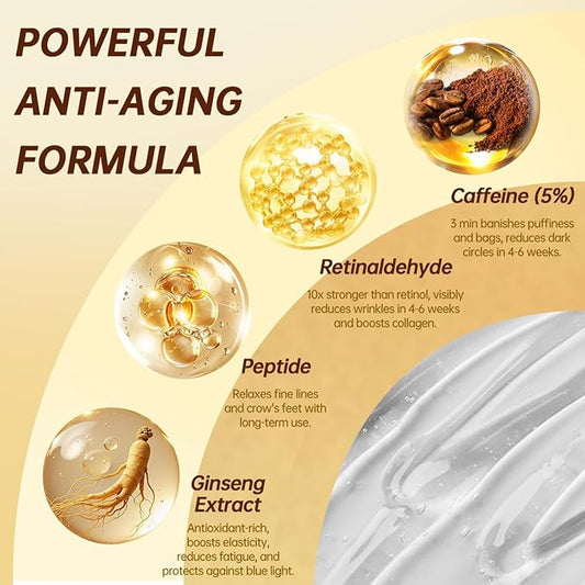 5% Caffeine Eye Serum with Retinal Peptides Hyaluronic Acid for Dark Circles Wrinkles & Eyelid Lift - Instant Morning Bags Depuffing - 360Β° Roller - Skincare Eye Cream for Women & Men (0.51 fl.oz)