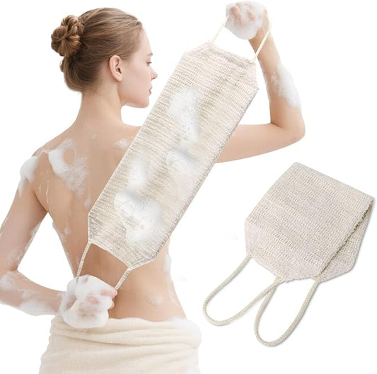 Sisal Exfoliating Washcloth Loofah Back Washer Scrubber for Men and Women, Thickness 0.2" Double Layer Double Sided Shower Scrub Bath Straps, Natural Hemp Net Sponge Exfoliating Towel with Handle