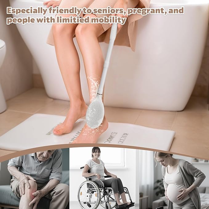 New Back Scrubber Anti-Slip for Shower, 18.9‘’ Corn-Handle Shower Back Scrubber with Dual-Side Head & Soft Bristles, Adjustable Shower Brush Bath Brush for Lathering & Cleansing(Gray-L)