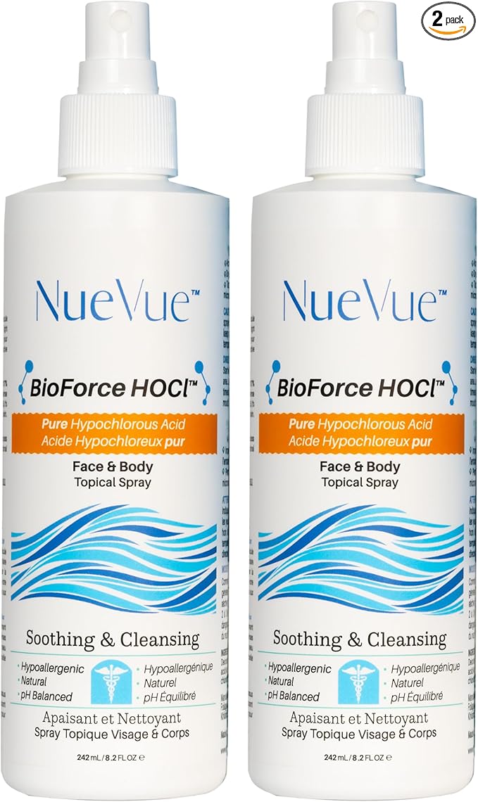 BioForce Pure Hypochlorous Acid Spray for Face & Body - Made in Canada - Gentle Skin Cleanser & Toner, Acne-Prone Skin, Eczema, Piercing aftercare, pH Balanced, Alcohol-Free, NueVue (2-Pack x 8.2oz)