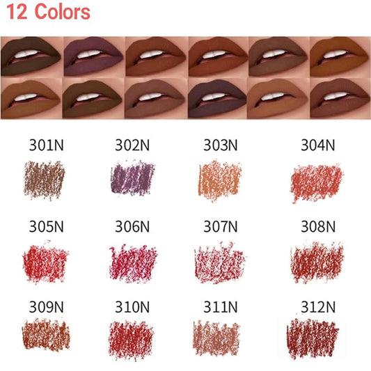 12 Colors Brown Lip Liner Set for Women- Dark Red Nude Waterproof Lip Pencils for Defining & Filling Lips, Long-Lasting Smooth Lip Makeup, High Pigmented Lip Liner Pack