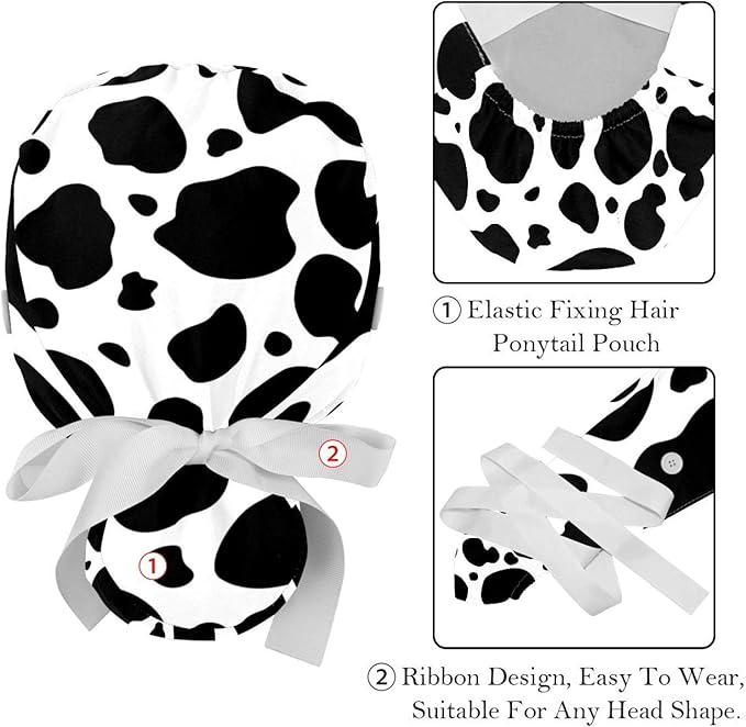 2 PCS Bouffant Cap with Button Ponytail Pouch Working Cap Sweatband Adjustable Surgical Cap Black and White Cow