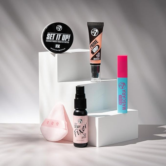 W7 On the Go Cuties Gift Set - Mini Makeup Essentials with Primer, Mascara, Setting Spray, Loose Powder & Powder Puff - Travel Size Beauty Favourites - Stocking Stuffer