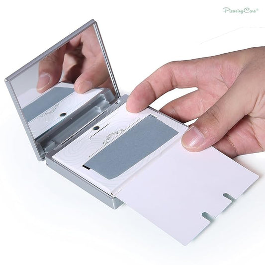 Makeup Mirror with Facial Oil Blotting Paper Sheets - Bamboo Charcoal 100 Counts, Silver Compact Folding Cosmetic Travel Mirror
