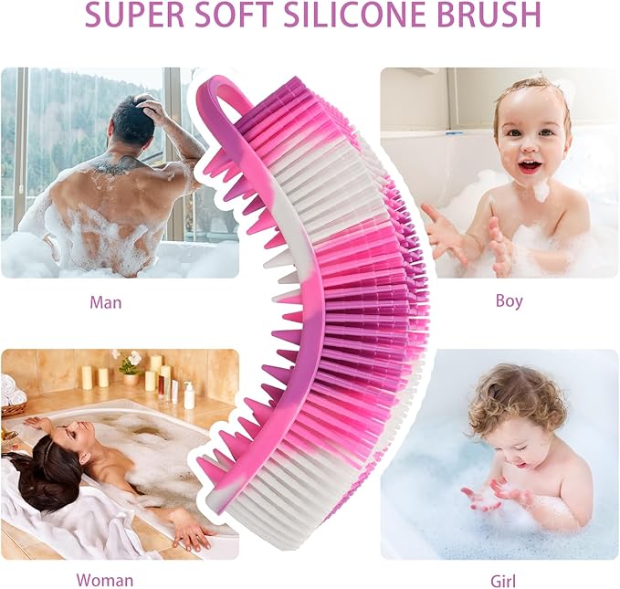 2 Pack Silicone Exfoliating Body Scrubber, 2 in 1 Body Brush & Hair Scalp Brush for Shower and Bath, Soft Silicone Loofah, Easy to Clean with Optimal Lathering (Black, Purple)
