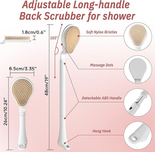 Back Scrubber for Shower, 19ββ Detachable Long Handle Shower Body Scrubber for Wet or Dry Brush, Adjustable 2-in-1 Back & Body Brush with Soft and Dense Bristles for Deep Cleaning(White)