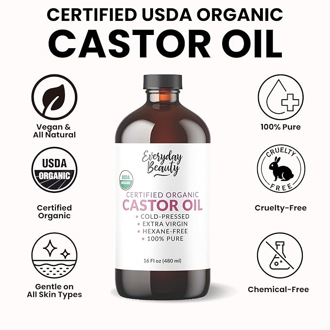 Organic Castor Oil - 16 Fl Oz Glass Bottle -100% Pure Certified USDA Organic, Cold Pressed & Hexane-Free, For Eyelashes, Eyebrows, Hair, Skin & Wellness Packs