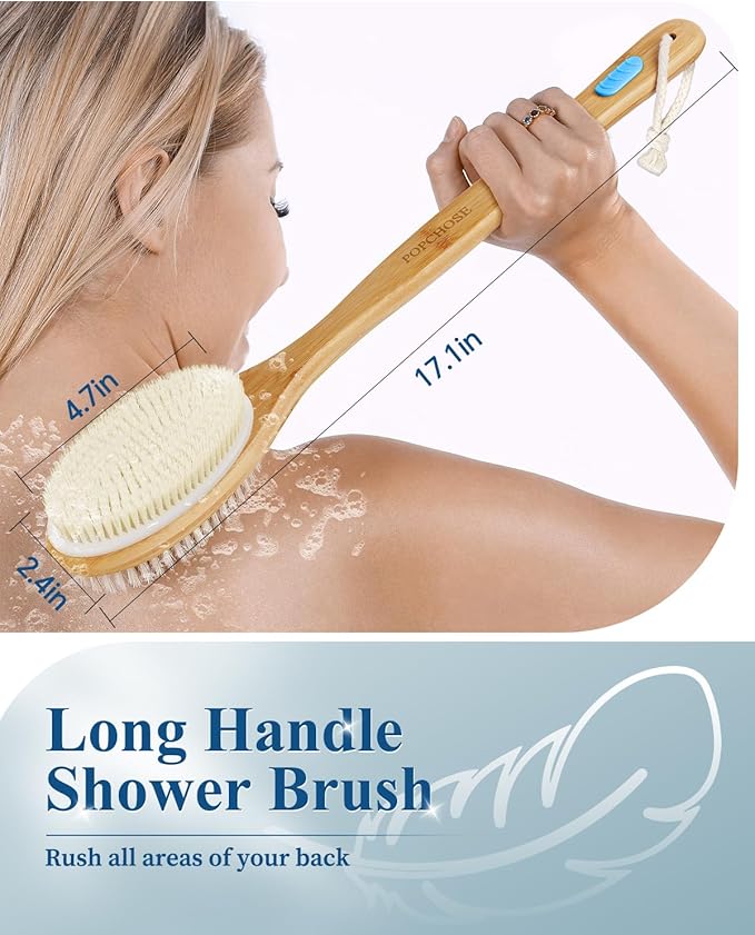 POPCHOSE Back Scrubber for Shower, Long Handle Soft and Stiff Bristles Shower Brush, Dry Brushing & Wet Exfoliation for Shower, Durable Bath Brush for Body, Back Washer for Shower for Women & Men