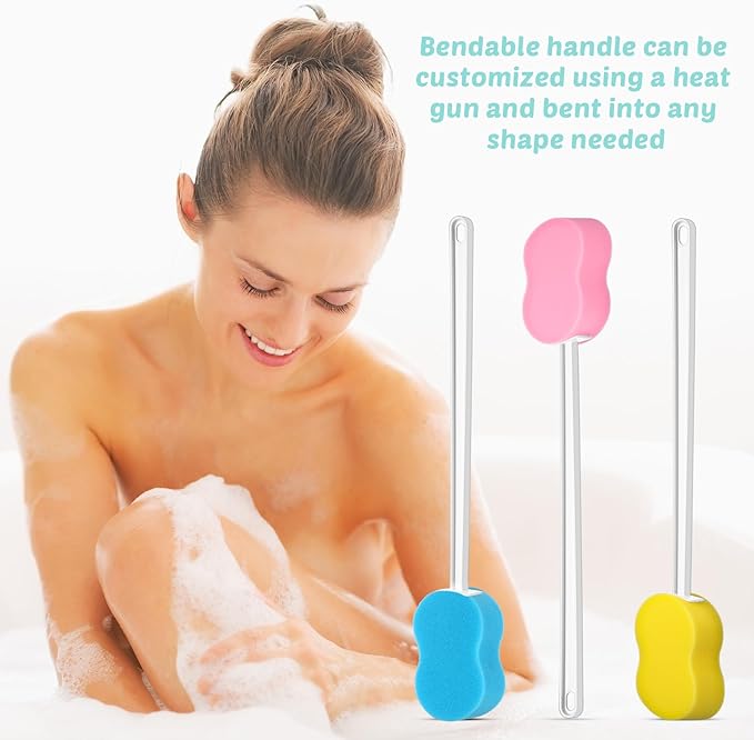 3 Pieces Long Handle Sponge 22.4'' Back Sponge on a Stick Body Brush Handled Washer Scrubber for Foot Body Limited Motion (Pink, Blue, Yellow)