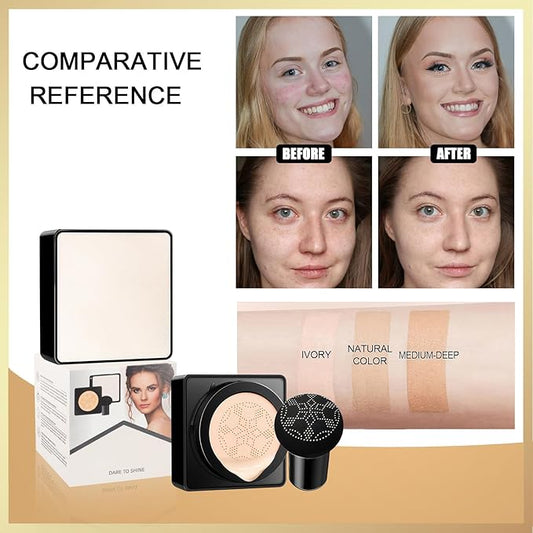 Air Cushion CC Cream Mushroom Head - Moisturizing Screw Lid Concealer Makeup Base Create Long-Lasting & Waterproof Makeup, Cushion Foundation Full Coverage for All Skin Types (Medium Deep)