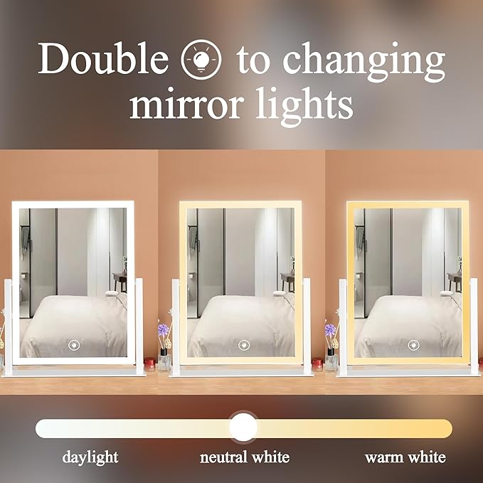 Makeup Mirror with Lights 12" White,Smart Touch Control,3-Color Dimmable LED Vanity Mirror with Lighted Cosmetic Mirror for Dressing Room & Bedroom Desktop,360Β° Rotation,Adjustable Brightness