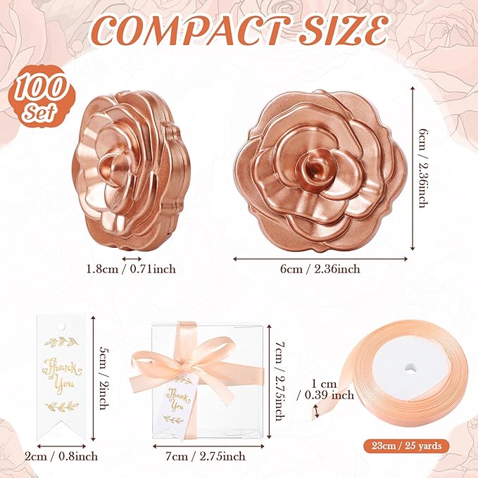100 Set Rose Compact Mirrors Bulk Wedding Party Favors Including Rose Mirrors Thank You Tags Plastic Clear Boxes with Ribbons for Wedding Bridal Shower Party Guests Souvenir Gift