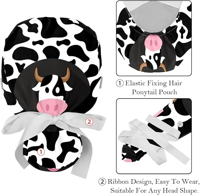 2 PCS Bouffant Cap with Button Ponytail Pouch Working Cap Sweatband Adjustable Surgical Cap Black and White Cow