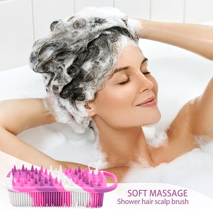 2 Pack Silicone Exfoliating Body Scrubber, 2 in 1 Body Brush & Hair Scalp Brush for Shower and Bath, Soft Silicone Loofah, Easy to Clean with Optimal Lathering (Black, Purple)