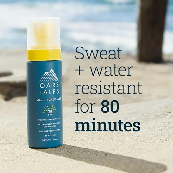 Oars + Alps Face & Scalp Sunscreen Spray Mist, SPF 35 Facial & Hair Sunscreen, Protects from Blue Light, Incfused with Aloe Vera + Cucumber, Water & Sweat Resistant, Summer Splash Scent, 1.5oz
