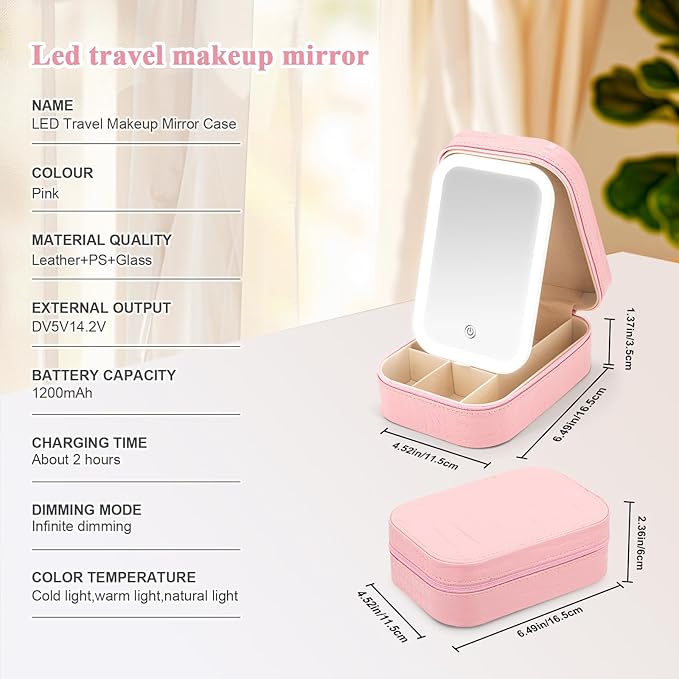 Small Travel LED Makeup Mirror Case with 3 Adjustable Color Light Settings, Dust-Proof Jewelry Box, Mini Cosmetic Train Case Ideal for Short Trips (Croc Pink)