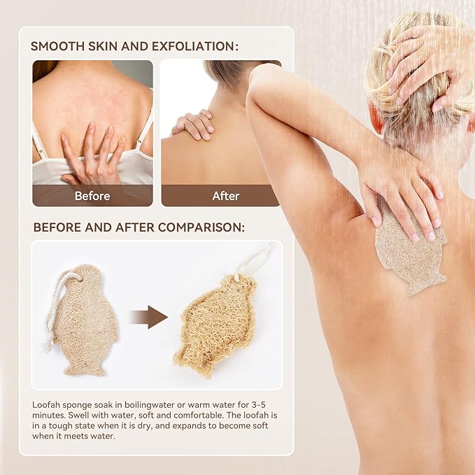 Natural Loofah Sponge Penguin Shaped, Loofah Exfoliating Body Scrubber, Exfoliator for Women and Men Refreshing Shower Experience, Pack for Holiday(Pack of 2)