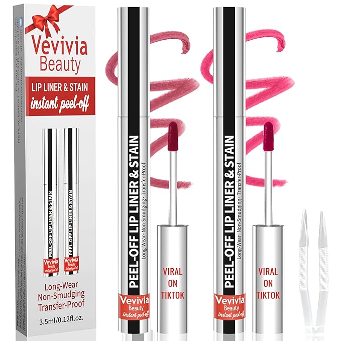 2pcs Lip Stain Peel Off - Lip Liner Stain Long Lasting Waterproof,2-in-1 Lip Liner with Tweezer Nude Matte,Non-Stick Cup,Highly PigmentedοΌNatural Finish,Stay On All Day,Perfect for Gift (Mauve+Rose)