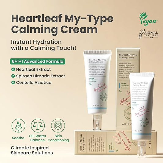 AXIS-Y Heartleaf My Type Calming Cream - Soothing, Redness Relief & Long Lasting Moisture Dewy Skin Daily Face Lotion - Vegan Korean Skin Care Moisturizer Face Cream - 2.02 fl. oz.