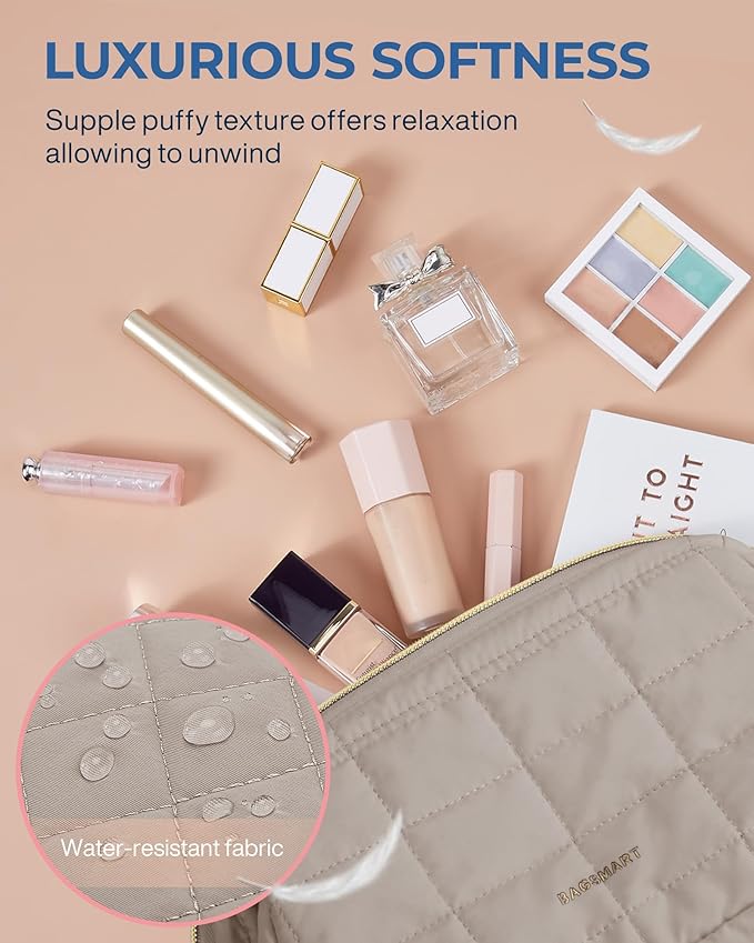 BAGSMART Makeup Bag Travel Toiletry Bag, Puffy Padded Make Up Bags for Women Makeup Organizer Case, Wide-open Pouch Purse Travel Essentials Toiletries Accessories Brushes, Camel