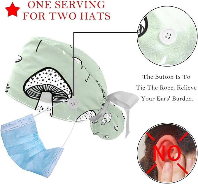 2 PCS Bouffant Cap with Button Ponytail Pouch Working Cap Sweatband Adjustable Surgical Cap Black and White Cow
