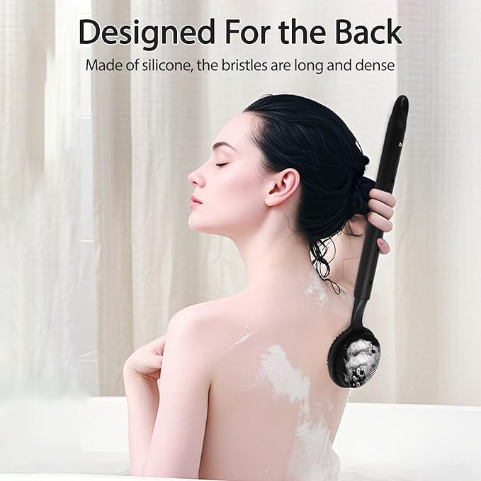 Silicone Back Scrubber for Shower - Adjustable Extendable (40-60 cm / 15.7"-23.6") Long Handle Body Brush with Foam-Generating Dual-Sided Heads for Men & Relaxing Massage Exfoliation