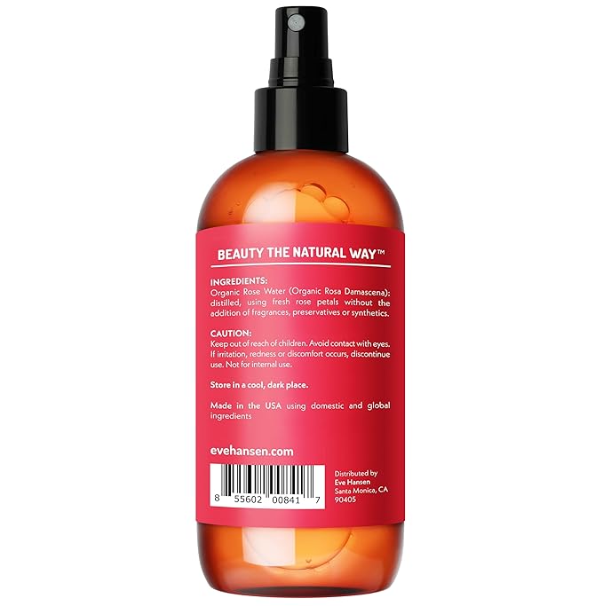 Eve Hansen Organic Rose Water Spray for Face | Huge 8 oz Moroccan Rosewater Face Toner and Makeup Setting Spray | Soothing Neck and Face Mist to Reduce Eye Puffiness, Dark Circles and Redness